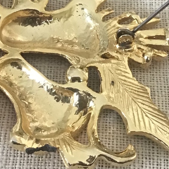 Large Vintage Holiday Pin Enamel & Rhinestone Bells Festive Gold Tone Red & Gree - Picture 10 of 11